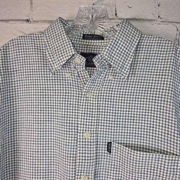 GANT LINEN BLEND MENS SHORT SLEEVE BUTTON DOWN BLUE WHITE CHECKED SIZE LARGE - Picture 3 of 7